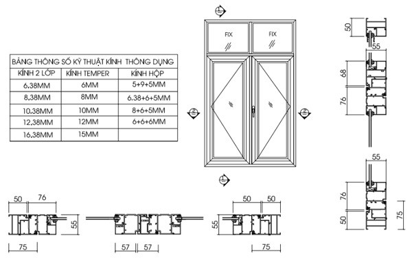 Bản vẽ CAD cửa sổ nhôm kính Xingfa 55 mở quay 2 cánh