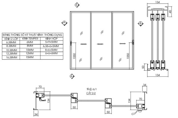 Bản vẽ cửa nhôm Xingfa hệ 93 3 ray 3 cánh