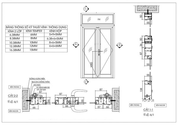 Bản vẽ CAD cửa nhôm kính Xingfa 55 loại cửa mở quay 2 cánh