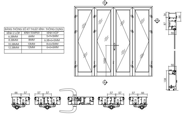 Bản vẽ CAD cửa nhôm kính Xingfa 55 loại cửa đi mở quay 4 cánh