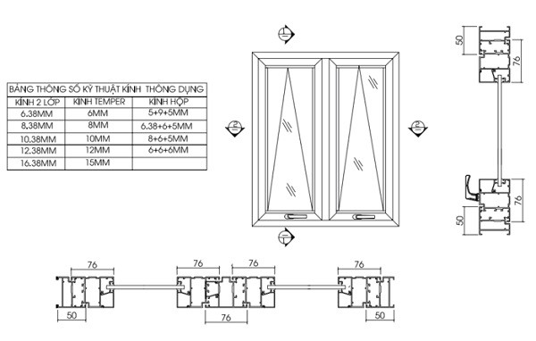 Bản vẽ CAD cửa sổ lật nhôm kính Xingfa 55